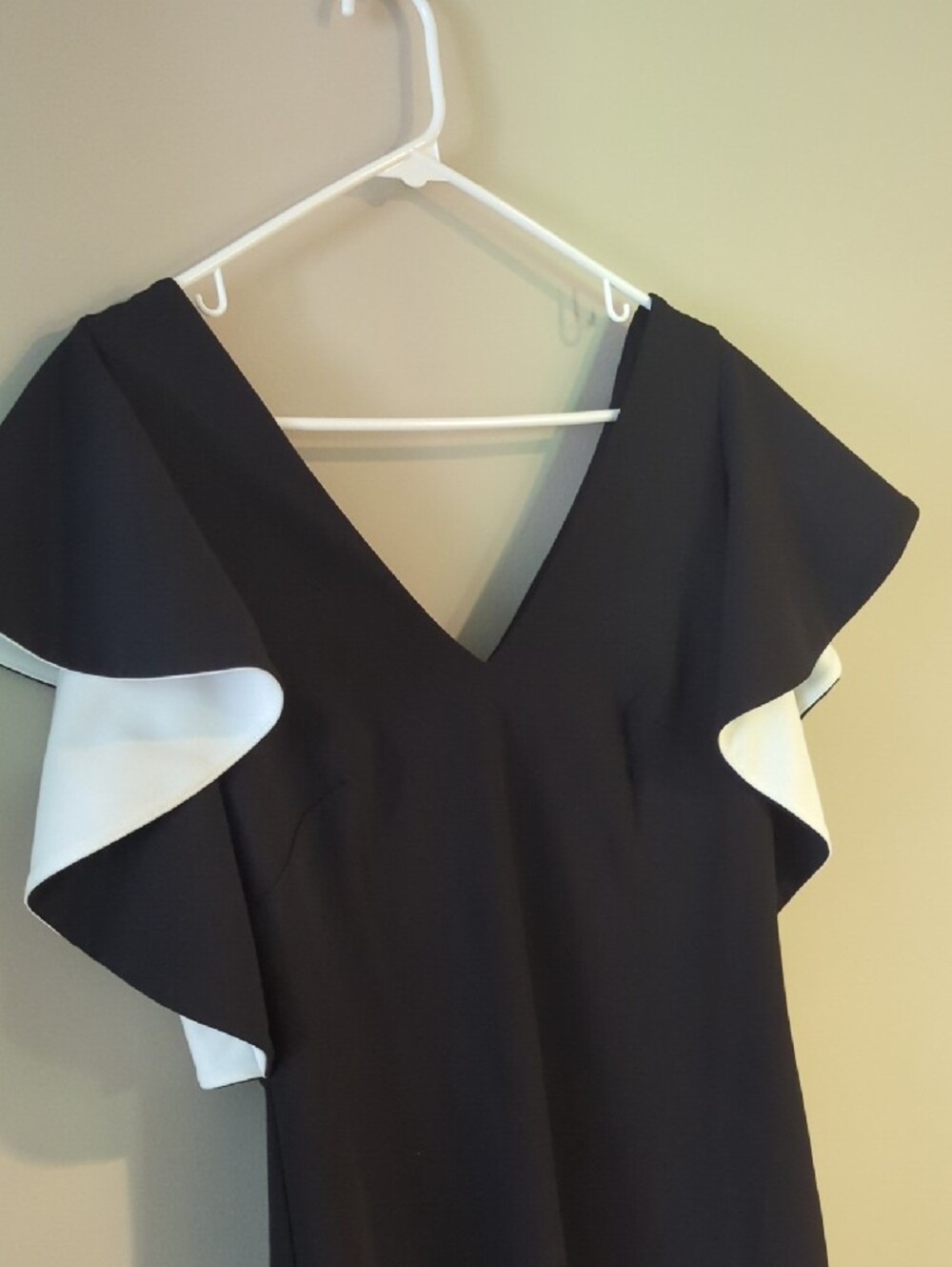 White House Black Market Black Midi Dress with White Ruffle Sleeves - Picture 8 of 8